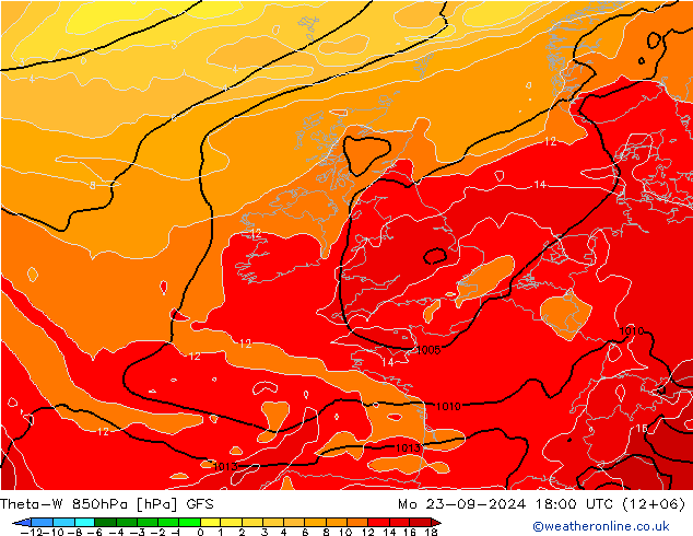 Theta-W 850hPa GFS pon. 23.09.2024 18 UTC