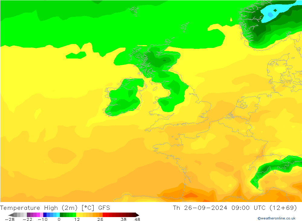 Max. Temperatura (2m) GFS czw. 26.09.2024 09 UTC