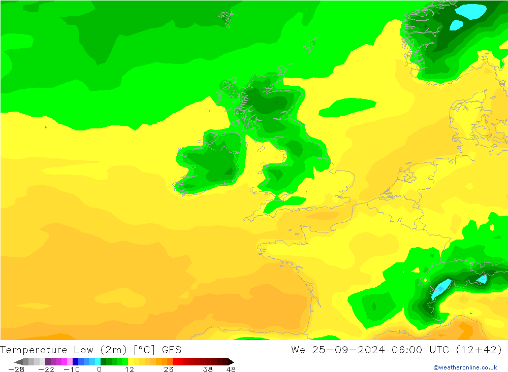 Temperature Low (2m) GFS We 25.09.2024 06 UTC