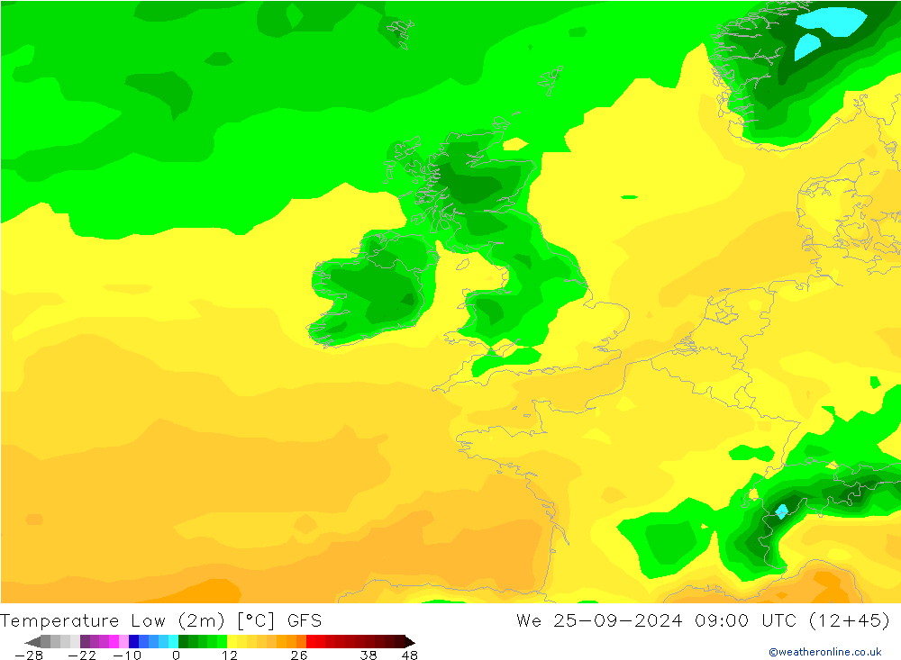 Temp. minima (2m) GFS mer 25.09.2024 09 UTC