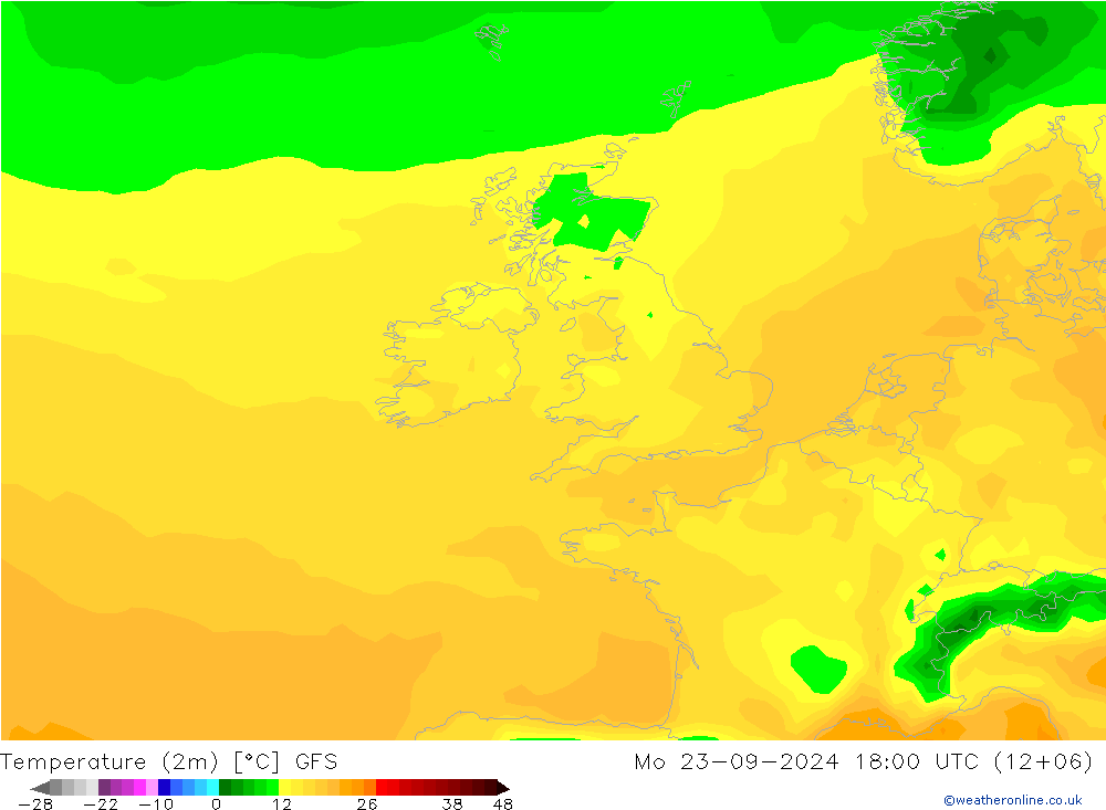 mapa temperatury (2m) GFS pon. 23.09.2024 18 UTC