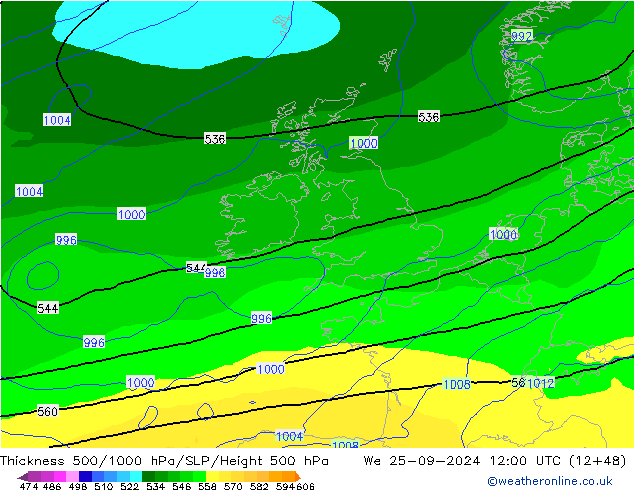 Thck 500-1000hPa GFS We 25.09.2024 12 UTC