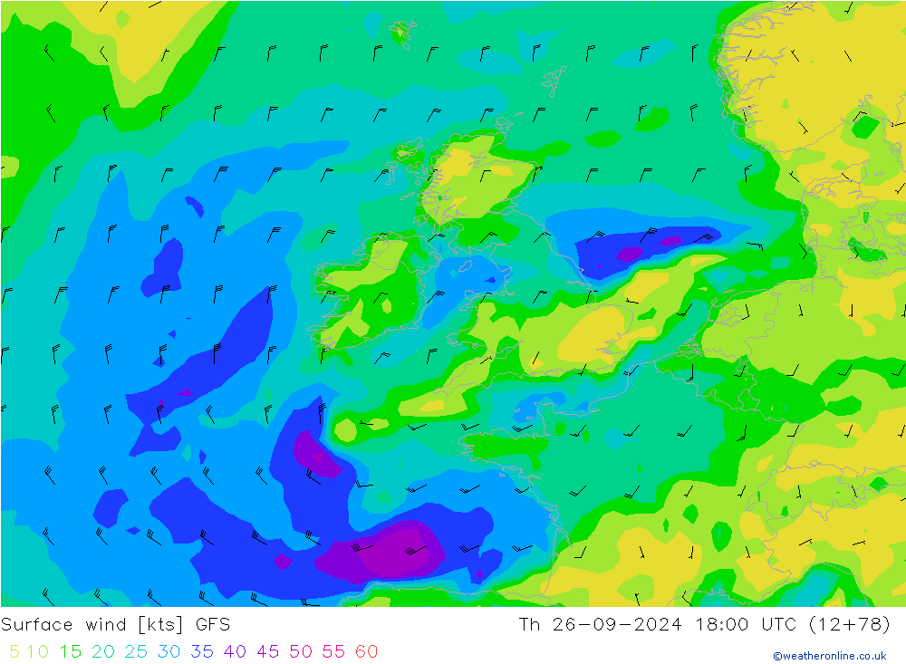 ветер 10 m GFS чт 26.09.2024 18 UTC