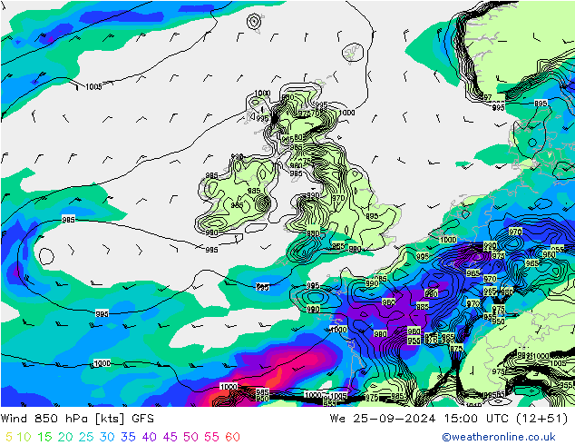 Vento 850 hPa GFS mer 25.09.2024 15 UTC