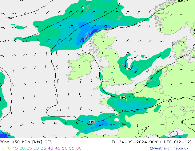 Wind 950 hPa GFS Di 24.09.2024 00 UTC