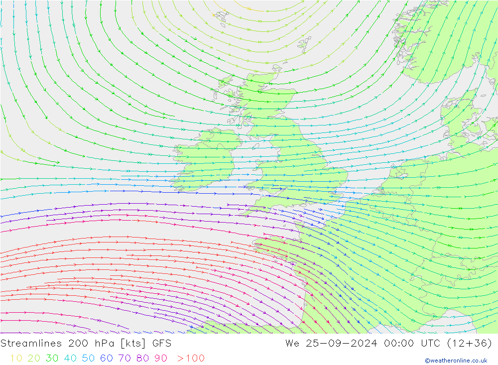 Linea di flusso 200 hPa GFS mer 25.09.2024 00 UTC