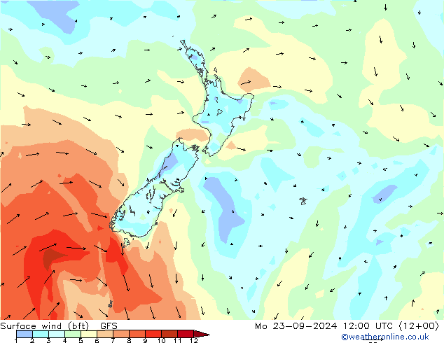 Viento 10 m (bft) GFS lun 23.09.2024 12 UTC