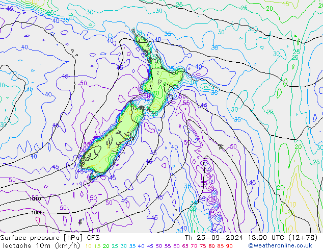 Isotachs (kph) GFS чт 26.09.2024 18 UTC