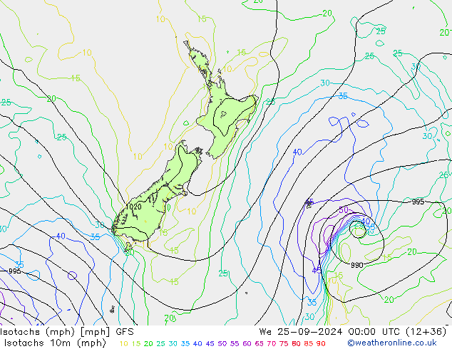 Isotachs (mph) GFS mer 25.09.2024 00 UTC