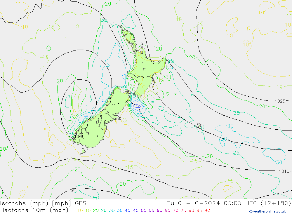 Isotachs (mph) GFS вт 01.10.2024 00 UTC