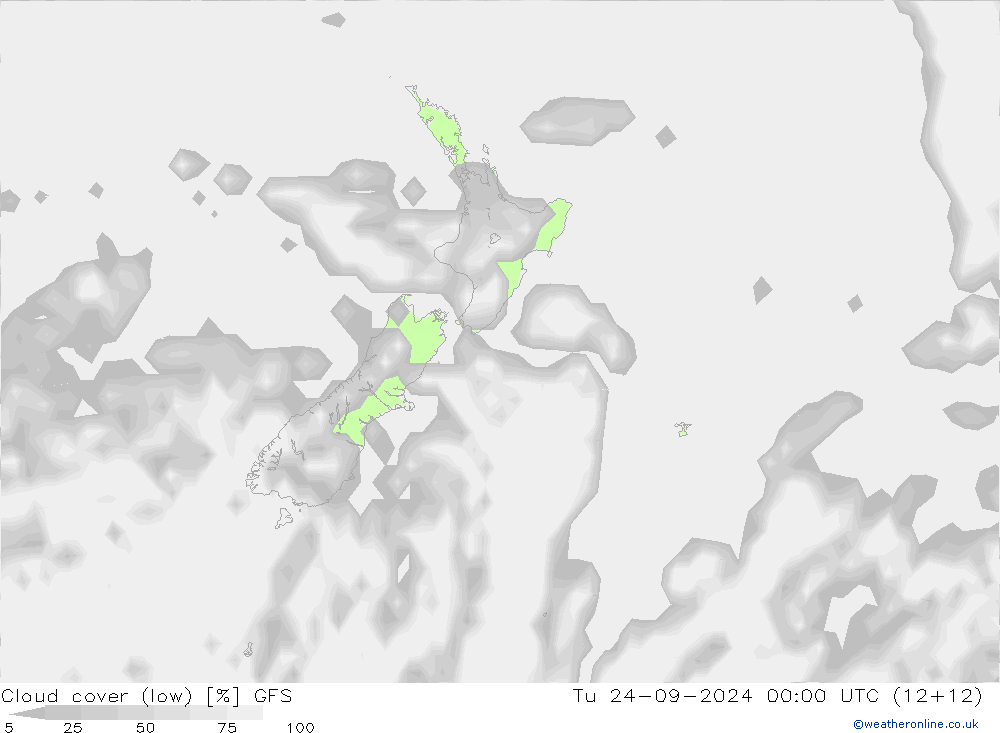 Cloud cover (low) GFS Tu 24.09.2024 00 UTC