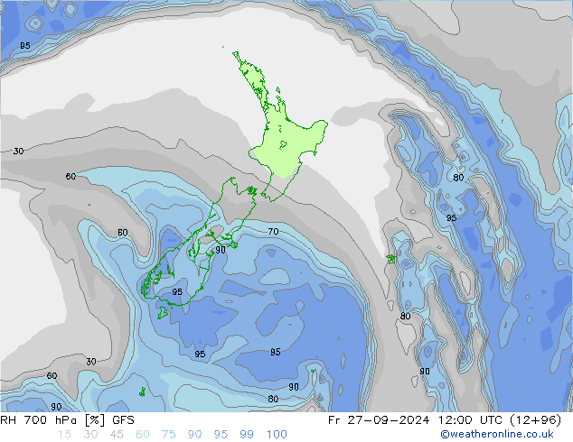 RH 700 гПа GFS пт 27.09.2024 12 UTC