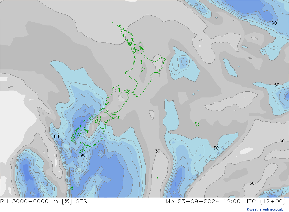 Humidité rel. 3000-6000 m GFS lun 23.09.2024 12 UTC