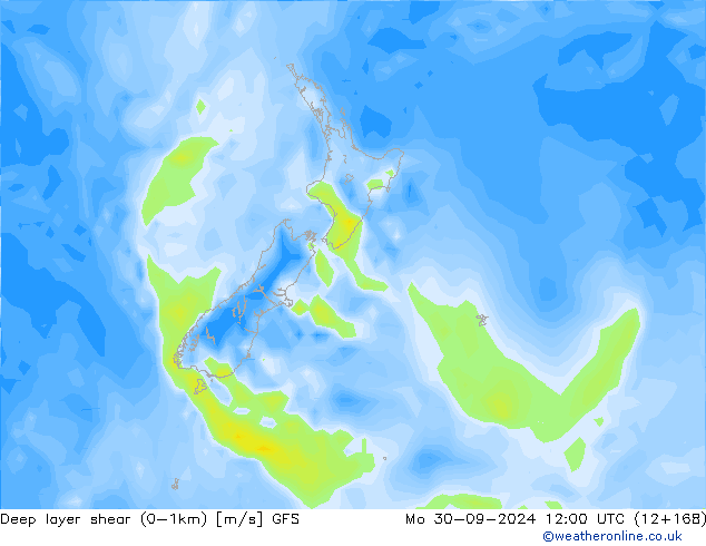 Deep layer shear (0-1km) GFS Mo 30.09.2024 12 UTC