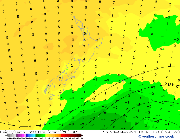 Height/Temp. 850 hPa GFS so. 28.09.2024 18 UTC