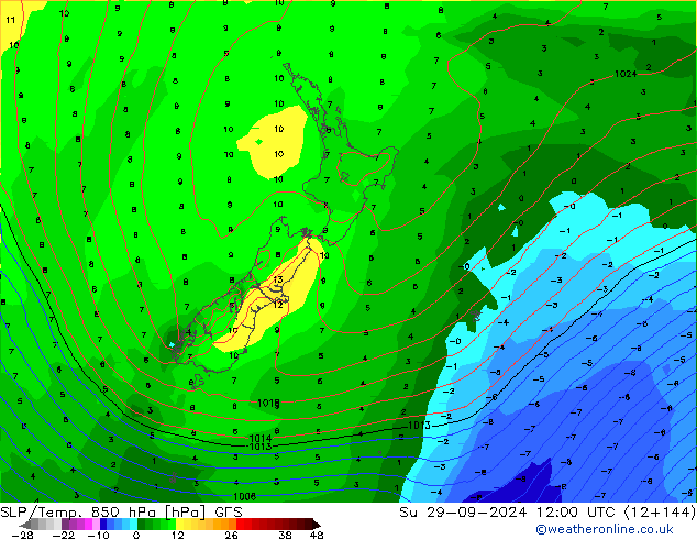 SLP/Temp. 850 hPa GFS dim 29.09.2024 12 UTC