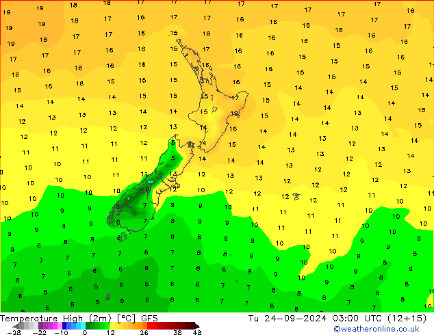 Temperature High (2m) GFS Tu 24.09.2024 03 UTC