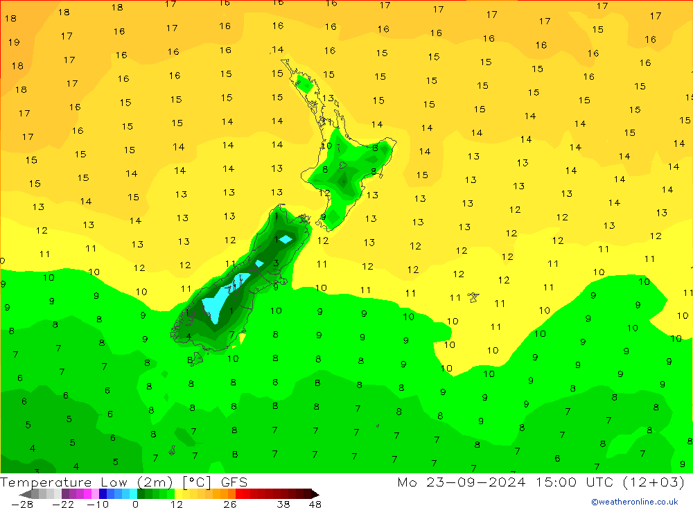 Temperatura mín. (2m) GFS lun 23.09.2024 15 UTC