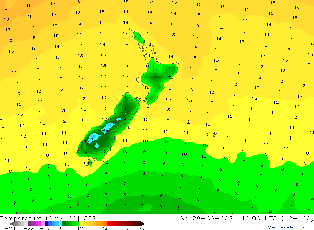 Temperatura (2m) GFS sáb 28.09.2024 12 UTC