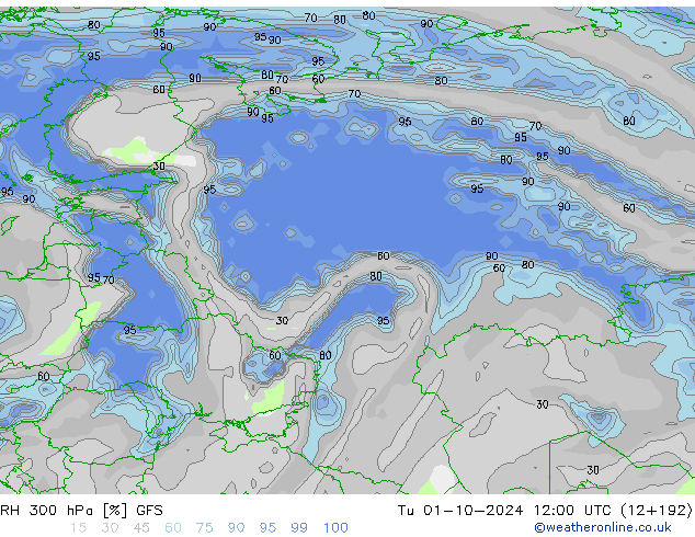 RH 300 hPa GFS Tu 01.10.2024 12 UTC