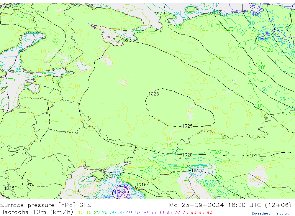 Isotachs (kph) GFS Mo 23.09.2024 18 UTC