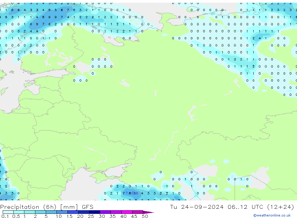 Precipitation (6h) GFS Tu 24.09.2024 12 UTC