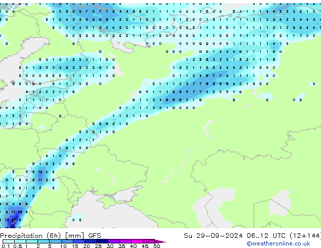 Precipitation (6h) GFS Su 29.09.2024 12 UTC