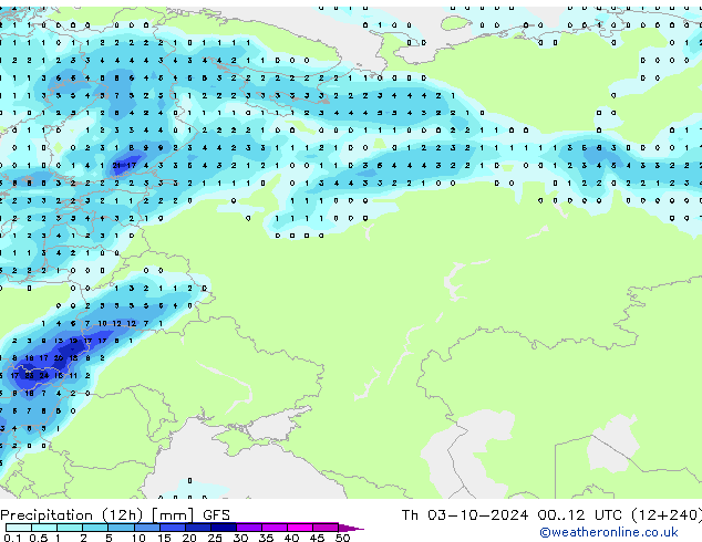 Precipitación (12h) GFS jue 03.10.2024 12 UTC