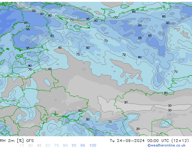 RH 2m GFS Út 24.09.2024 00 UTC