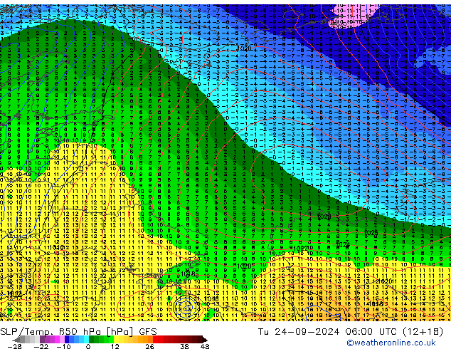 SLP/Temp. 850 hPa GFS Di 24.09.2024 06 UTC