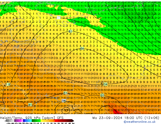 Height/Temp. 925 hPa GFS Mo 23.09.2024 18 UTC