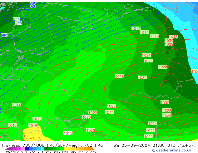 Dikte700-1000 hPa GFS wo 25.09.2024 21 UTC