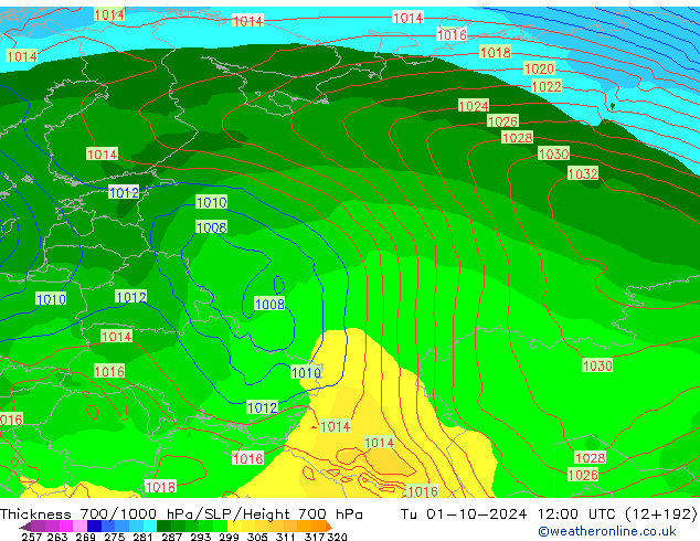 Thck 700-1000 hPa GFS  01.10.2024 12 UTC