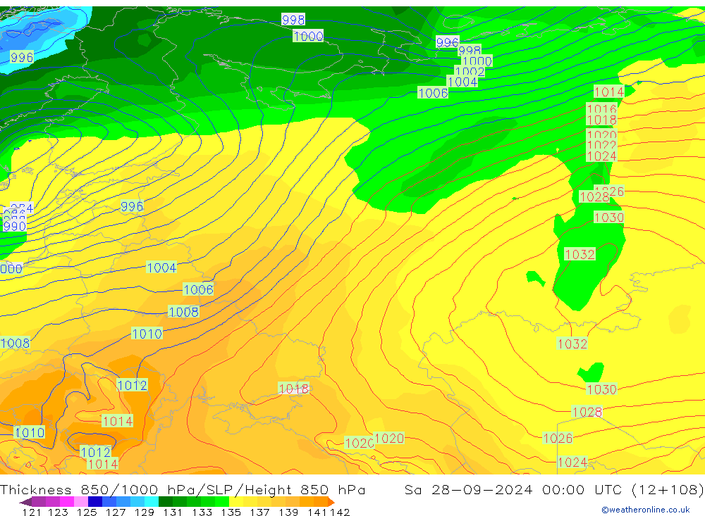 Thck 850-1000 hPa GFS sab 28.09.2024 00 UTC