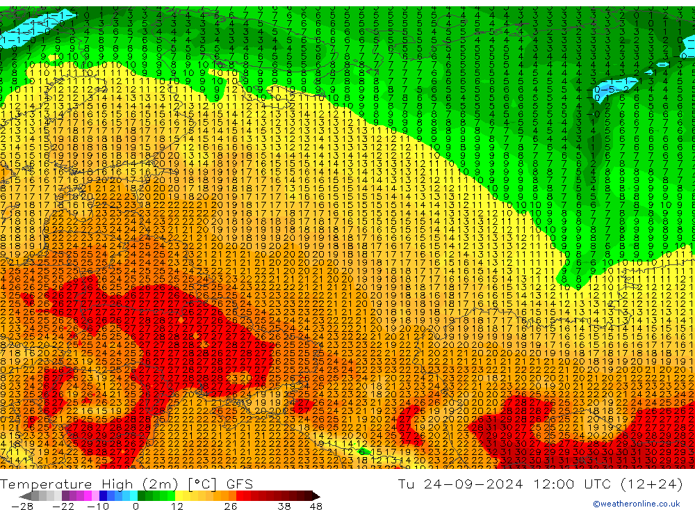 Max.temperatuur (2m) GFS di 24.09.2024 12 UTC