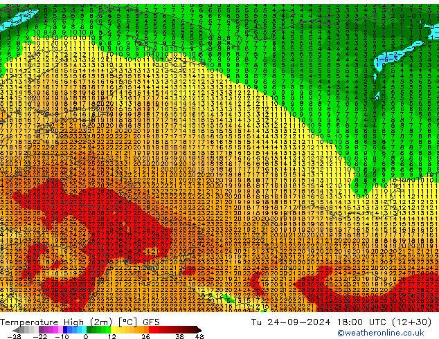 Nejvyšší teplota (2m) GFS Út 24.09.2024 18 UTC