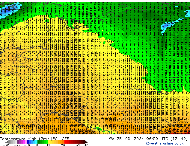 température 2m max GFS mer 25.09.2024 06 UTC