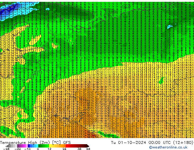 temperatura máx. (2m) GFS Ter 01.10.2024 00 UTC