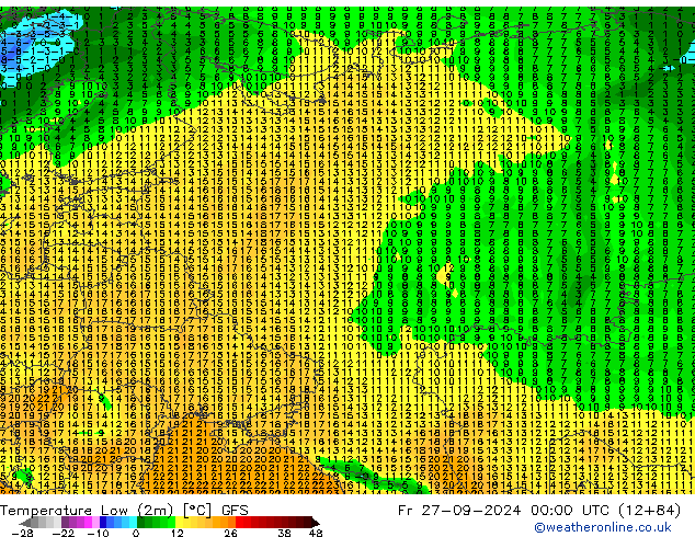 Minumum Değer (2m) GFS Cu 27.09.2024 00 UTC