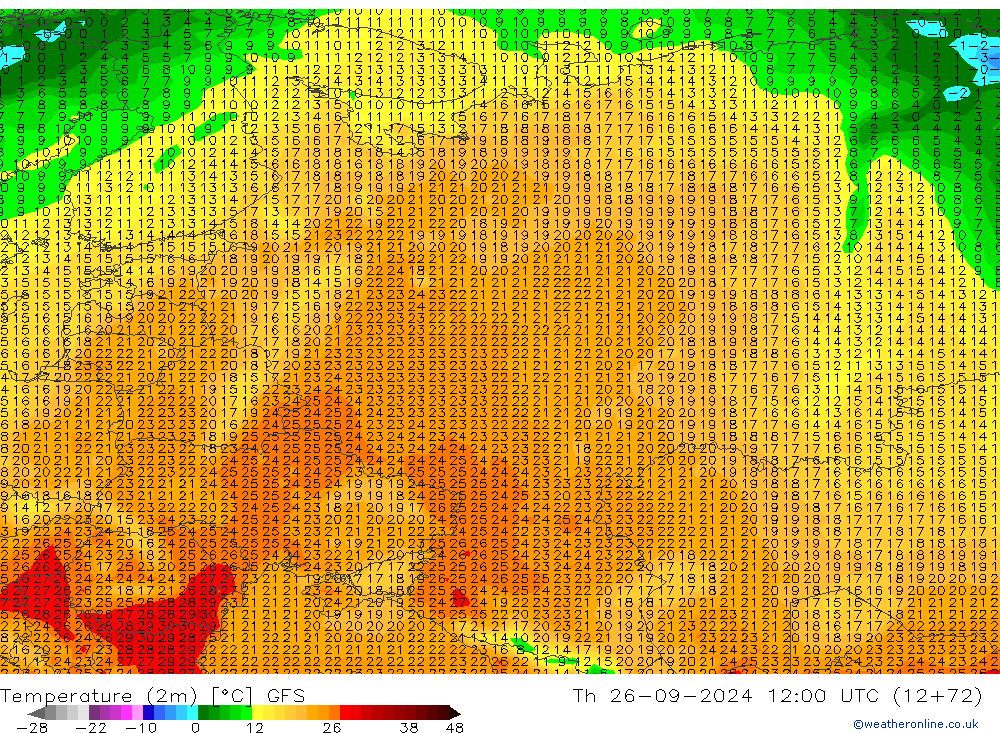 Temperaturkarte (2m) GFS Do 26.09.2024 12 UTC