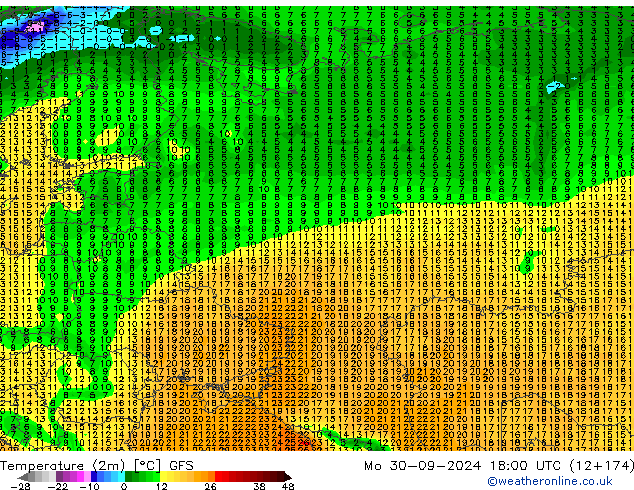 Temperaturkarte (2m) GFS Mo 30.09.2024 18 UTC