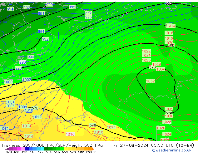 Espesor 500-1000 hPa GFS vie 27.09.2024 00 UTC