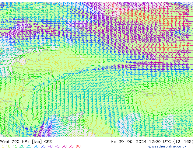 ветер 700 гПа GFS пн 30.09.2024 12 UTC