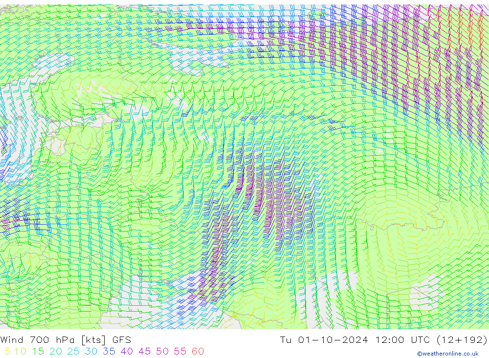 Wind 700 hPa GFS Tu 01.10.2024 12 UTC