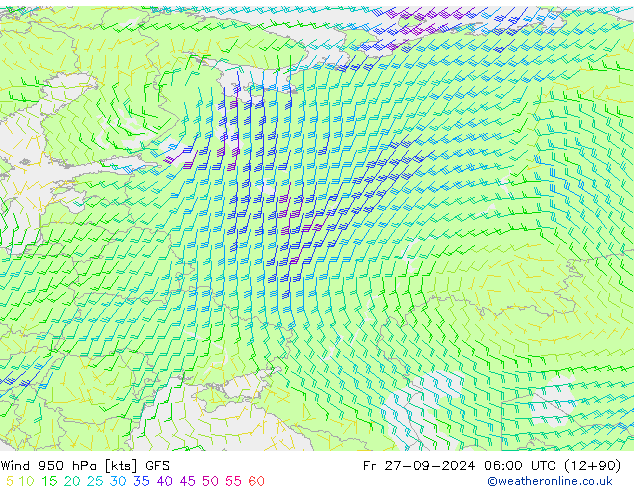 Vento 950 hPa GFS ven 27.09.2024 06 UTC