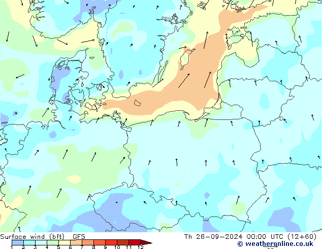 Viento 10 m (bft) GFS jue 26.09.2024 00 UTC