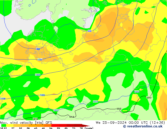 Max. wind velocity GFS  25.09.2024 00 UTC