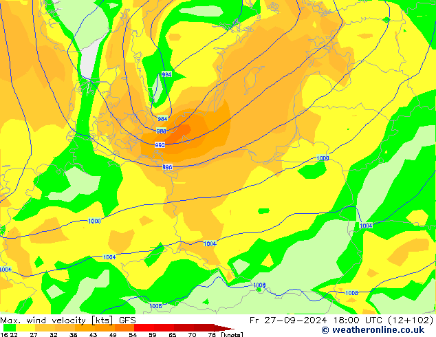 Max. wind velocity GFS ven 27.09.2024 18 UTC