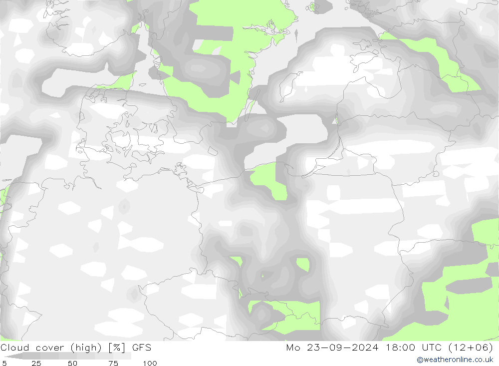 Cloud cover (high) GFS Mo 23.09.2024 18 UTC