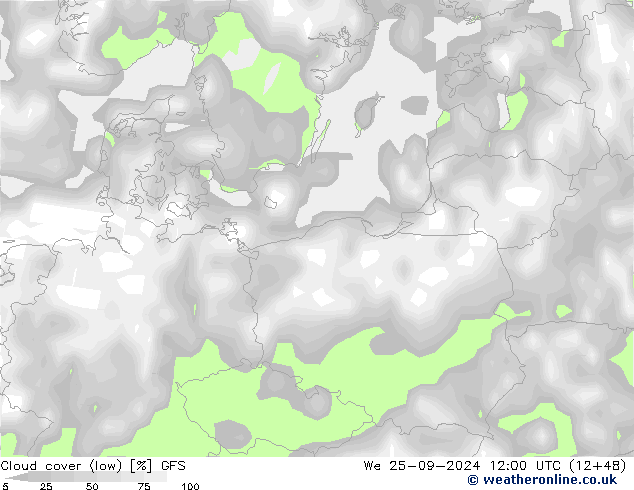 Cloud cover (low) GFS We 25.09.2024 12 UTC